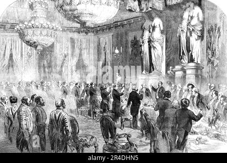 Staatliches Bankett des Kaisers der Franzosen an die Friedensbevollmächtigten in den Tuilerien, [Paris], 1856. Das Ende des Krimkrieges. "Alle Mitglieder waren eingeladen, ebenso die Außenminister, die Kardinäle, die Minister des Kaisers, die Marshals, die Präsidenten der großen Staatsorgane, die großen Offiziere der Krone, der französische Botschafter in London, der Gouverneur des Invalides, Der große Kanzler der Ehrenlegion, der große Referendar des Senats, eine Reihe von Senatoren, Stellvertretern, hochrangigen Staatsbeamten und der wichtigste zivile und militärische Offi Stockfoto