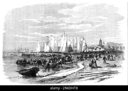 The Grand Naval Review - Yachten, die Passagiere zur Flotte mitnehmen, skizziert aus Southsea Common, 1856. "...das Wasser war mit Booten bestreut, die Zuschauer transportierten; Dampfer gefüllt mit Besuchern, die wie Pigmäuse durch ihre kolossalen Schwestern fuhren; Waffenboote, die wie Lokomotivtriebwerke schossen; während in einer Messe vor Ryde eine Menge von Handwerkern herumliefen, die Klumpen bildeten, Mit gelben Masten auf den Häusern und Bäumen der Stadt... war der Eingang zum Hafen von Booten umgeben, von denen einige, gefüllt mit fröhlichen, bärtigen Gesichtern, Freiheitsmänner von Kriegsschiffen an die Küste trugen; othe Stockfoto