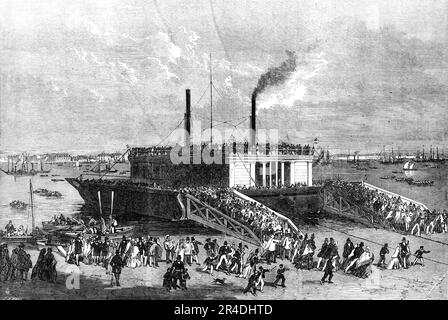 The Grand Naval Review, Spithead: Exkursionisten auf der schwimmenden Brücke in Portsmouth, 1856. Besucher strömen hierher, um eine Ausstellung von Royal Navy-Schiffen vor der Küste von Hampshire zu sehen. „Während der Großteil der Menschenmassen nach Southsea Common strömte, nahm ein anderer die Richtung von Gosport und, der die Decks der schwimmenden Brücke mit ihrer Anzahl bedeckte, gleitete in den Sandboden, durchzogen von Furzbüschen und Wasser, der den Strand zwischen Fort Monckton und Stokes Bay bildet.“ Aus "Illustrierte London News", 1856. Stockfoto