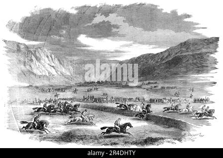 Frühjahrstreffen vor Sebastopol – der erste [Sprung?], zweites Rennen, 1856. Krimkrieg: Außerdienstliche Soldaten organisieren ihre eigene Unterhaltung. Der Tag war bemerkenswert gut, und es waren sowohl Offiziere als auch Männer der alliierten Armeen anwesend, und große Menschenmengen von Russen kamen zum Ufer des Flusses, um den Sport zu erleben. Auf einem Anstiegsgelände in der Nähe des Gewinnerpfosten wurde ein Thron für General Pelissier errichtet, um den immergrüne Pflanzen gepflanzt wurden. Zahlreiche englische und französische Bands belebten die Szene.“ Es gab sowohl flache Rennen als auch Steeplechasen. Pferderassen einschließlich 'Türkisch Stockfoto