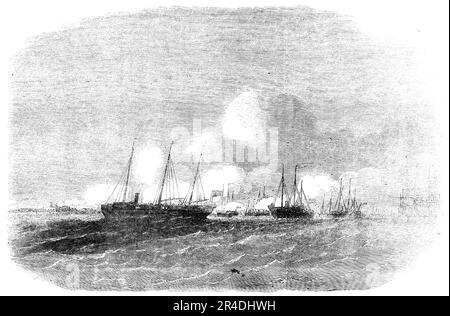 The Grand Naval Review, Spithead: Gun-Boats attacking Southsea Castle - skizziert von E. Weedon, 1856. Schiffe der Royal Navy nehmen an einer vorgetäuschten Seeschlacht vor der Küste von Hampshire Teil. "Der Leiter der Weißen Division, der vor Fort Monckton ankerte, bildeten die verbleibenden Schiffe dieser Bezeichnung eine imposante Front des Angriffs auf die Waffenboote und schwimmenden Batterien, die parallel zu ihnen festgemacht wurden. Diese, die wie Tümmler im Wasser schliefen, während sie von den Schrauben ihrer Gegner in Wellen gezerrt wurden, schienen leise und etwas verächtlich, um die Vorbereitungen zu betrachten, gegen die sie sich gerichtet hatten Stockfoto