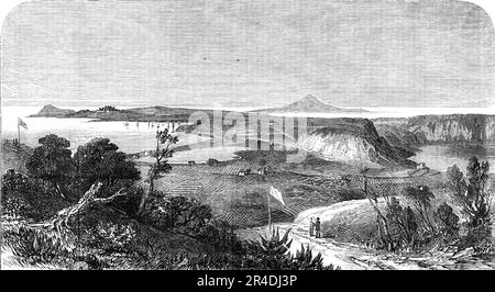 Hafen und Schloss von Baie: Kap Misenum Ort des Lucullus-Gartens: Monte Procida und die Insel Ischia; und die Seen Lucrinus und Avernus, 1856. Die Vorbereitungen zur "...Bildung eines Marinehafens von Lucrinus und Avernus [in der Region Kampanien in Süditalien]... sind bereits sichtbar - die Flaggen der Landvermesser werden errichtet und Messungen durchgeführt, um die Durchführbarkeit des Projekts zu überprüfen; Und der Wert des zu kaufenden Grundstücks... das Meer, als es aufgewühlt wurde, hier hoch gebracht, wie bei Brindisi, eine riesige Menge Stockfoto