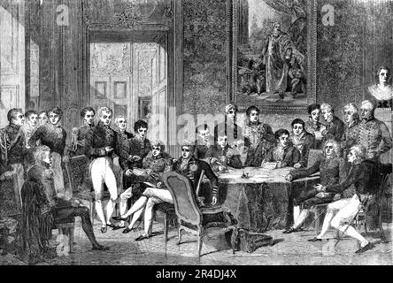 Der Wiener Kongress: Sitzung der Bevollmächtigten der acht Mächte, die 1815 den Pariser Vertrag unterzeichneten - aus dem großen Gemälde von Isabey, 1856. "Diese denkwürdige Szene in der diplomatischen Geschichte Europas - bei der die letzten allgemeinen Regelungen für die Angelegenheiten Europas getroffen wurden - zieht derzeit zusätzliches Interesse hervor, da sie parallel zum soeben in Paris unterzeichneten Friedensvertrag gestellt wird. Der Kongress fand 1815 in Wien, im Außenministerium, in derselben Wohnung statt, in der die Konferenz des vergangenen Jahres, 1855, stattfand. Der ehemalige C. Stockfoto