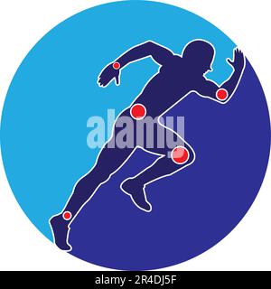 Aktiver Mann, Laufsilhouette, Symbole für Gelenkschmerzen, Logo/Symbol. Physiotherapie-Behandlungsdesign-Template-Vektor bei laufendem Menschen. Farbenfrohe Vektorgesundheit. Stock Vektor