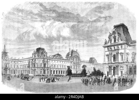 Neuer Louvre, Paris, 1856. Blick auf den Teil, der erst kürzlich fertiggestellt wurde und den großen Platz im Karussell vervollständigt, die Fassade des alten Louvre, Und die Neubauten... der Pavillon an der Ecke des Oratoriums wurde ebenfalls fertiggestellt, ebenso wie die Reihe der Gebäude, die ihn mit dem alten Palast verbinden. Der Kaiser hat beschlossen, dass die Bibliothek des Louvre und die Dauerausstellung in der Querlinie der Gebäude platziert werden sollten, die den Pavillon auf dem Platz des Palais Royal mit dem Platz des Place Napoleon verbinden Stockfoto