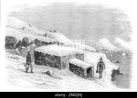 Außenansicht eines Greenlander's Hut, 1856. „Im Winter leben sie in Hütten aus Steinen und Rasen, die innen mit alten Fellen gesäumt sind... unter ihnen haben die Greenlander keine Häuptlinge oder Gesetze; uneingeschränkte Freiheit existiert. Kriege und Streitigkeiten sind unter ihnen unbekannt, und selbst die Kinder haben, sobald sie laufen können, die volle Freiheit, zu handeln, wie sie wollen, und was noch bemerkenswerter ist, diese allgemeine Freiheit ist nicht mit einer Lizenz verbunden. Friedlichere Menschen gibt es nirgendwo." Aus "Illustrierte London News", 1856. Stockfoto