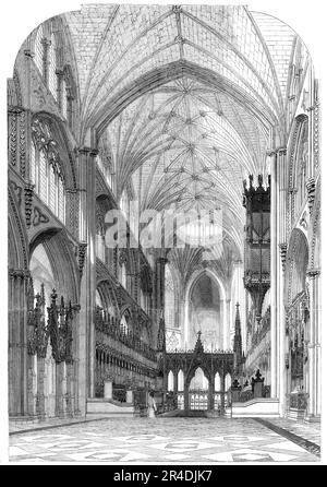 Ely Cathedral restauriert - der Chor, 1856. „Die Restaurierungen... wurden leise durchgeführt... in letzter Zeit, ab dem Jahr 1847, unter der kompetenten Leitung von Mr. G. Gilbert Scott, dem bedeutenden Architekten... das gesamte Aussehen des Chors ist neu, also wurde er gründlich gereinigt und dekoriert. Die Decke mit ihren Leisten und vergoldeten Vorsprüngen wurde erneuert. Die alten Stände wurden umgestaltet und perfektioniert, die untergeordneten Stände sind recht neu, ebenso wie der Rood-Screen, der in unserer Sicht auf das Ende des Chors zu sehen ist. Das letzte ist ein wunderbares Stück Arbeit, entworfen von Mr. Scott, um sich mit den Ställen zu harmonieren. Stockfoto