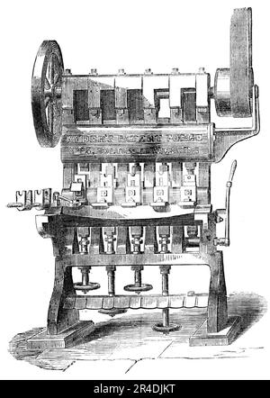 Herstellung von Bajonetten, 1856. Ryders Patentschmiede. "Der gegenwärtige Krieg hat eine ungewöhnliche Nachfrage nach Waffen verursacht..." "die ehrenwerte Ordnanzbehörde nutzte daher gerne die mechanische Fähigkeit von Manchester und den umliegenden Städten, um den Mangel an Bajonetten auszugleichen... Francis Preston... wird in hohem Maße bei der Herstellung der oben genannten Artikel eingesetzt... die Stahlstücke für die Klingen werden aus einem quadratischen Stab geschnitten und dann der Arbeit der Schmiedemaschine unterworfen... Diese Maschine wurde von Mr. Ryder aus Bolton erfunden. Es ist sehr raffiniert in seiner Konstruktion, und Stockfoto