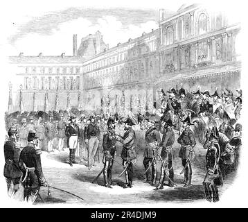 Verteilung der Queen's Medaillen an die Truppen der Krim durch H.R.H. der Herzog von Cambridge in Paris, 1856. "Die Überprüfung der verschiedenen Korps der kaiserlichen Garde und Armee durch den Kaiser, die kürzlich von der Krim zurückkehrten, fand an der Stelle des Hauptobjekts von Carrousel...itstatt. Die Verteilung der Gedenkmedaillen, die Königin Victoria an französische Offiziere, nicht kommissionierte Offiziere und Soldaten verlieh, Der an dem glorreichen Feldzug auf der Krim teilnahm... seine Majestät [Kaiser Napoleon III.] wurde begleitet von seiner Königlichen Hoheit, dem Herzog von Cambridge, Prinz Napoleon, Stockfoto