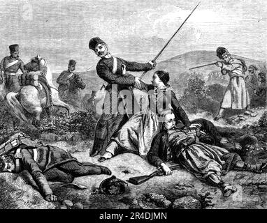 Ein Zwischenfall im gegenwärtigen Krieg - gemalt von Sovrieul in der Ausstellung der Bilder der Französischen Schule 1856. „Auf dem Bild, das wir diese Woche aus dem flachen und bildlichen Bleistift von Sovrieul gravieren, sehen wir, wie sehr ein französischer Künstler von einem Vorfall im [Krim]-Krieg Gebrauch gemacht hat. Ein wilder und feuriger Kosack hat sich abgewandt, um einen verwundeten Zouave zu plündern. Ein weiblicher Campingfolger stößt den Kosaken vom Körper ihres Begleiters weg, während einer der 42. Highlanders einen Ball in das Herz des Söldner-Raufboldes schickt. Es gibt eine tolle Animation in der Szene. Die Kostüme sind malerisch; Stockfoto