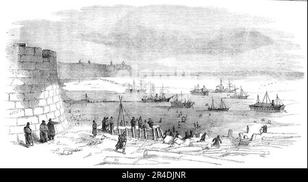 Kinburn Fort und die Spit of Otchakoff - die Expeditionsflotte im Eis, 1856. Krimkrieg, Schwarzes Meer: '...Soldaten und Matrosen schießen und skaten, tragen Heu an der Küste... französische Schiffe alle in... Ein kleiner Kanal war dann offen, der einen Angriff von Otchakoff verhindert... jedes Seil ist wie eine Eisstange, unsere Decks und Schiffe sind eine Masse Eis, Und kochendes Wasser muss auf sie gegossen werden, um alles loszulassen. Wie viele Finger du hast... das ist unmöglich. Unser Fleisch muss sogar gesägt werden... das Fort ist nun gut gegen Überraschungen gesichert; die Männer haben ihre neue CL erhalten Stockfoto