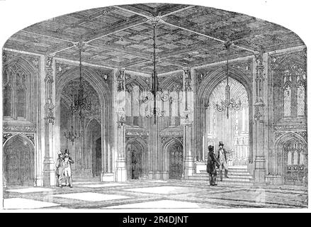 Unteres Warteraum, Unterhaus, 1856. Das Innere der neuen Houses of Parliament, Westminster, London. "Die Decke des Saals ist in neun Hauptabteile unterteilt, durch markante Balken, an deren Kreuzungen attraktive Bosse stehen. Von diesen hängen kleine Kronleuchter für Gas ab. Die Decke ist in kleinere Paneele unterteilt; das ganze besteht aus geschnitzter Eiche. Die Halle ist von drei Fenstern beleuchtet, die sich auf der Seite gegenüber dem Treppeneingang und über dem Kamin befinden: Zwei haben zwei Lichter, und die Mitte eins drei; diese sind mit einer rautenförmigen Wannenform gefüllt und haben Stockfoto