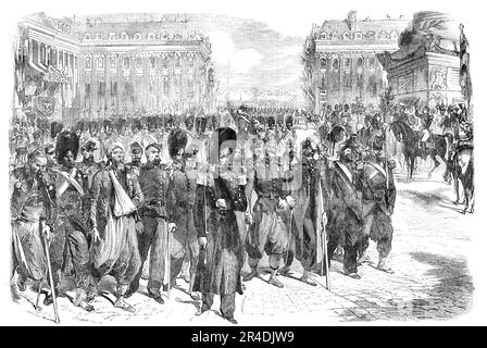Die Krim-Truppen, die am Fuße der Säule schänden, Place Vendome, 1856. Verwundete französische Soldaten in Paris. Die schmutzigen Uniformen, aber noch mehr das hetzerische und abgenutzte Aussehen der schwärzenden Gesichter der Männer, erzählten eine Geschichte des Leidens und der Ausdauer, die von vielen Zuschauern Tränen zog, und die Intensität und Ernsthaftigkeit des Jubelns übertraf alles, was in Paris je zuvor zu hören war. Die Flagge eines Regiments... wurde zu Bändern gerissen; das Weiße makulierte mit den Blutflecken... und der Adler, der den Schaft überwindet, zeigte durch einen abgeschossen Flügel die Stärke des Kampfes Stockfoto