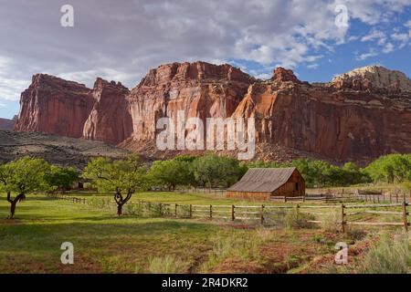 Bauernhof mit rustikaler Scheune im Capital Reef National Park Stockfoto