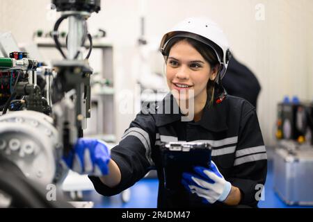 Professionelle Ingenieurin mit Robotermaschine in der Fabrik Stockfoto