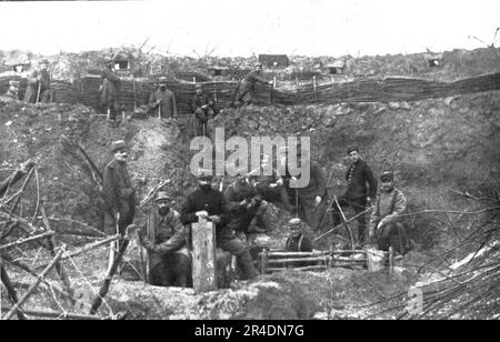 "En Elsace; Lignes de tranchees et Elements de blockhaus et occupes par nos troupes sur l'Hartmannswillerkopf, le 17 mars 1915", 1915. Von „L'Album de la Guerre 1914-1919: Band I“ [L'Illustration, Paris, 1926]. Stockfoto