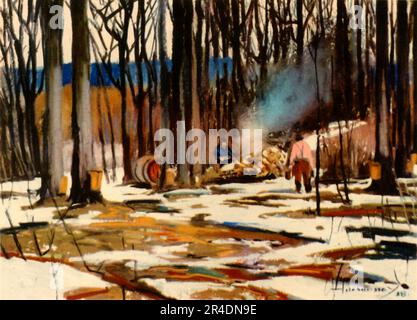 "The Sugar Bush: Quebec Province", 1941. Ein Zuckerguss ist eine Gruppe von Ahornbäumen, die zur Herstellung von Ahornsirup oder Ahornzucker verwendet werden. Aus der Serie „The British Commonwealth in Pictures“ von Lady Tweedsmuir. [Collins, London, 1941] Stockfoto