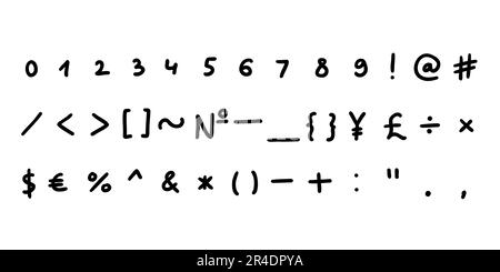 Handgeschriebene schwarze spezielle mathematische und andere Symbole und Zeichen in Schriftart 0 bis 9. Vektordarstellung im handgezeichneten Cartoon-Doodle-Stil, isoliert auf Whi Stock Vektor