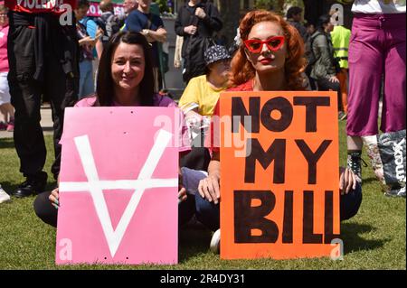 London, England, Großbritannien. 27. Mai 2023. Demonstranten halten bei der Kundgebung Plakate. Hunderte von Menschen, von denen viele einer Reihe von Organisationen und Wahlkampfgruppen angehören, versammelten sich auf dem Parliment Square und marschierten zur Downing Street, um gegen das neue Gesetz zur öffentlichen Ordnung zu protestieren, das die Anti-Protest-Gesetze, Anti-Streik-Gesetze, Anti-Reisenden-Gesetze und Anti-Migranten-Gesetze der Regierung in Kraft setzt. Verschiedene Gruppen haben sich der Kundgebung angeschlossen, darunter Animal Rising, Republic, Just Stop Oil, BLM Croydon, Stand Up to Racism, Gypsy Traveller League, Fuel Poverty Action, DPAC und Kill the Bill. (Credi Stockfoto