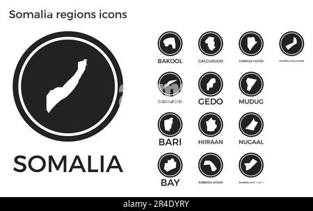 Symbole der Regionen Somalias. Schwarze runde Logos mit Karten und Titeln der jeweiligen Region. Vektordarstellung. Stock Vektor