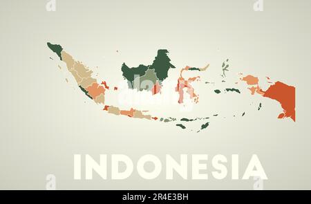Indonesien-Poster im Retro-Stil. Landkarte mit Regionen in der Herbstfarbpalette. Form Indonesiens mit Ländername. Stock Vektor