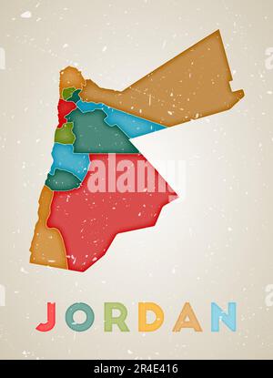 Jordan Karte. Länderposter mit farbigen Bereichen. Alte Grunge-Textur. Vektordarstellung von Jordanien mit Ländernamen. Stock Vektor