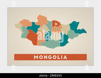 Mongolei-Poster. Landkarte mit bunten Regionen. Form der Mongolei mit Ländernamen. Fantastische Vektordarstellung. Stock Vektor