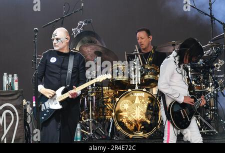 Napa, USA. 26. Mai 2023. Billy Corgan, James Iha, Jimmy Chamberlain – Smashing Pumpkins treten live auf der BottleRock auf der Napa Valley Expo am 26. Mai 2023 in Napa, Kalifornien, auf. Foto: Casey Flanigan/imageSPACE Credit: Imagespace/Alamy Live News Stockfoto