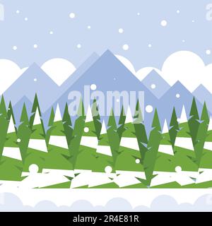 Winterlandschaft mit Pinien und Bergen. Vektordarstellung in flacher Form. Stock Vektor