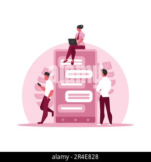 Menschen nutzen Mobiltelefone und Laptops. Darstellung des flachen Vektorgrafikdesigns. Stock Vektor