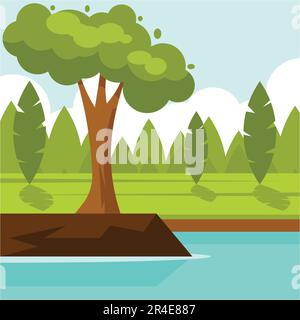 Flache Vektordarstellung einer Landschaft mit Bäumen und See Stock Vektor
