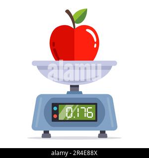 Lebensmittelwaage wiegt einen Apfel. Abbildung eines flachen Vektors. Stock Vektor