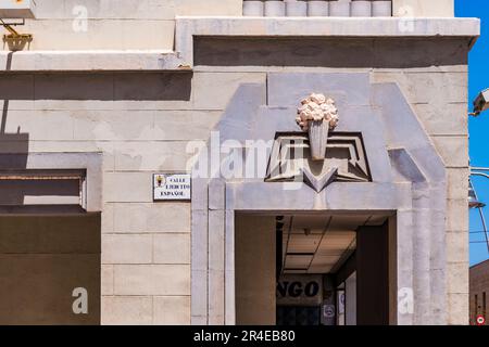 Detail. Das Monumental Cinema Sport war ein Art déco-Kino in der Modernista Ensanche der spanischen Stadt Melilla, dem wichtigsten Werk von Stockfoto