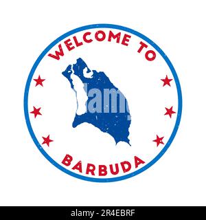 Willkommen bei Barbuda Stamp. Runder Grunge Island Stempel mit Textur in Super Rose Red. Geometrische Barbuda-Dichtung im Vintage-Stil. Stock Vektor