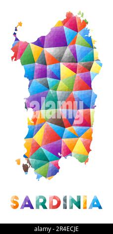 Sardinien - farbenfrohe niedrige Poly-Insel-Form. Mehrfarbige geometrische Dreiecke. Modernes, trendiges Design. Vektordarstellung. Stock Vektor