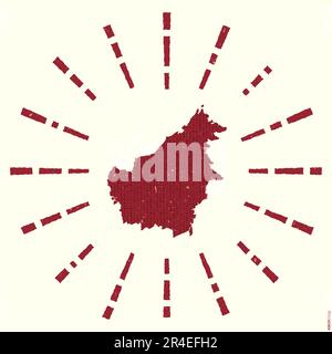 Borneo-Logo. Grunge Sunburst Poster mit Karte der Insel. Die Form des Borneo, gefüllt mit Hexziffern, mit Sonnenstrahlen. Lebendige Vektordarstellung Stock Vektor