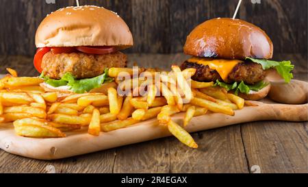 Leckerer Burger mit pommes Frites auf einem Holztisch Stockfoto