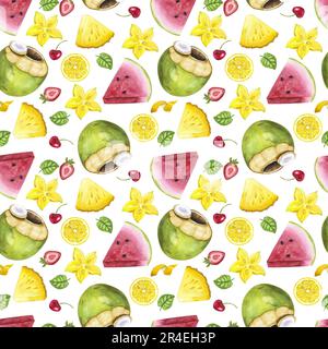 Nahtloses, endloses Muster. Wassermelone, Kokosnuss, Ananas, Karambola, Erdbeere. Handgezeichnete Aquarelldarstellung isoliert auf weißem Hintergrund. Für Text Stockfoto