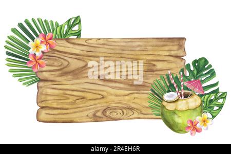 Cocktail grüne Kokosnuss Strandgetränk. Holzbrett für Text. Monstera, Frangipani-Blumen. Handgezeichnete Aquarelldarstellung isoliert auf weißem Hintergrund Stockfoto