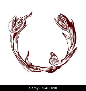 Tulpenblumen und Schmetterling. Vektordarstellung des Blumenkranzes. Designelement für Grußkarten, Hochzeitseinladungen, Banner, Flyer. Stock Vektor