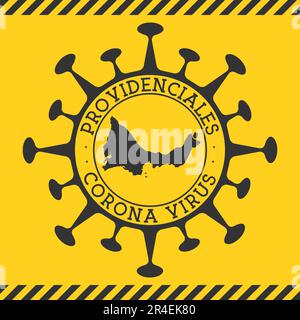 Corona-Virus in Providenciales Zeichen. Runde Abzeichen mit Form des Virus und Providenciales Karte. Gelbe Insel-Epidemie-Sperrstempel. Stock Vektor
