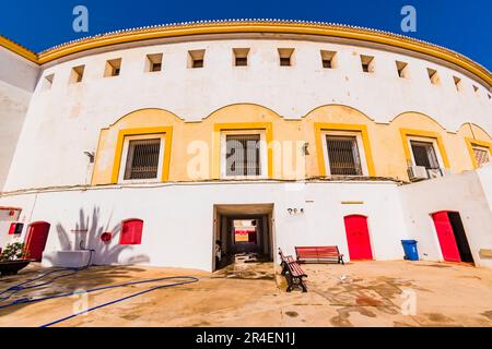 Patio de Cuadrillas, Ort, wo sich die Teilnehmer des Stierkampfs treffen. Die Stierkampfarena von Melilla, auch bekannt als die Moschee des Stierkampfes, Mezq Stockfoto