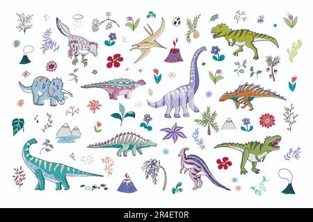 Dinosaurier mit Blumen-Vektor-Doodle-Illustrationen Stock Vektor