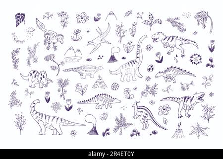 Dinosaurier mit Blumen-Vektor-Doodle-Illustrationen Stock Vektor