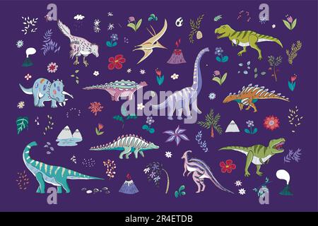 Dinosaurier mit Blumen-Vektor-Doodle-Illustrationen Stock Vektor