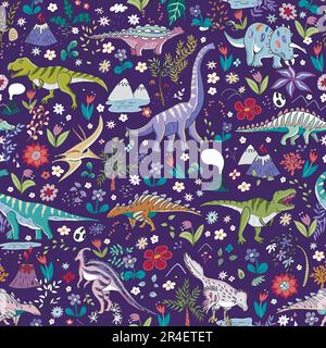 Dinosaurier mit Blumen Ornament Vektor nahtloses Muster. Stock Vektor