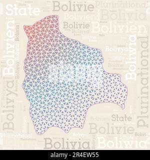 Kartendesign Bolivien. Ländernamen in verschiedenen Sprachen und Kartenform mit geometrischen niedrigen Poly-Dreiecken. Ansprechende Vektor-Illustration von Bolivien. Stock Vektor