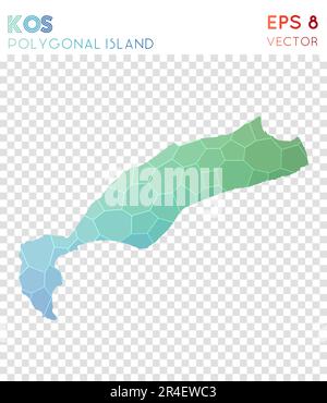 Polygonale Karte von Kos, Insel im Mosaikstil. Lebendiges, flaches Poly-Design, modernes Design. Polygonale Kos-Karte für Infografiken oder Präsentationen. Stock Vektor