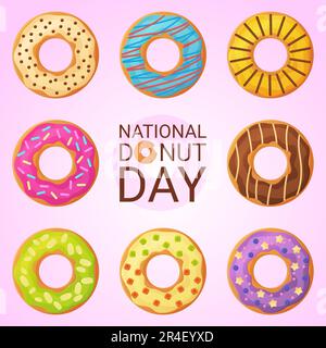 Banner zum nationalen Donut-Tag. 2. juni. Viehvektorillustion im flachen Cartoon-Stil. Stock Vektor