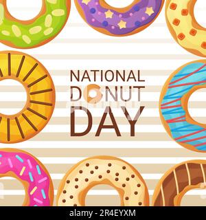 Banner zum nationalen Donut-Tag. 2. juni. Viehvektorillustion im flachen Cartoon-Stil. Stock Vektor